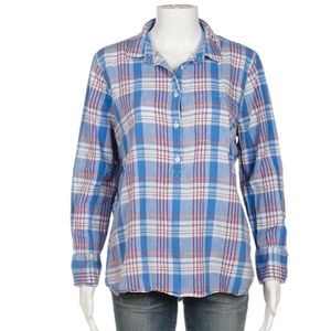 J.Crew popover plaid check long sleeve shirt Large blue orange red ivory top 10